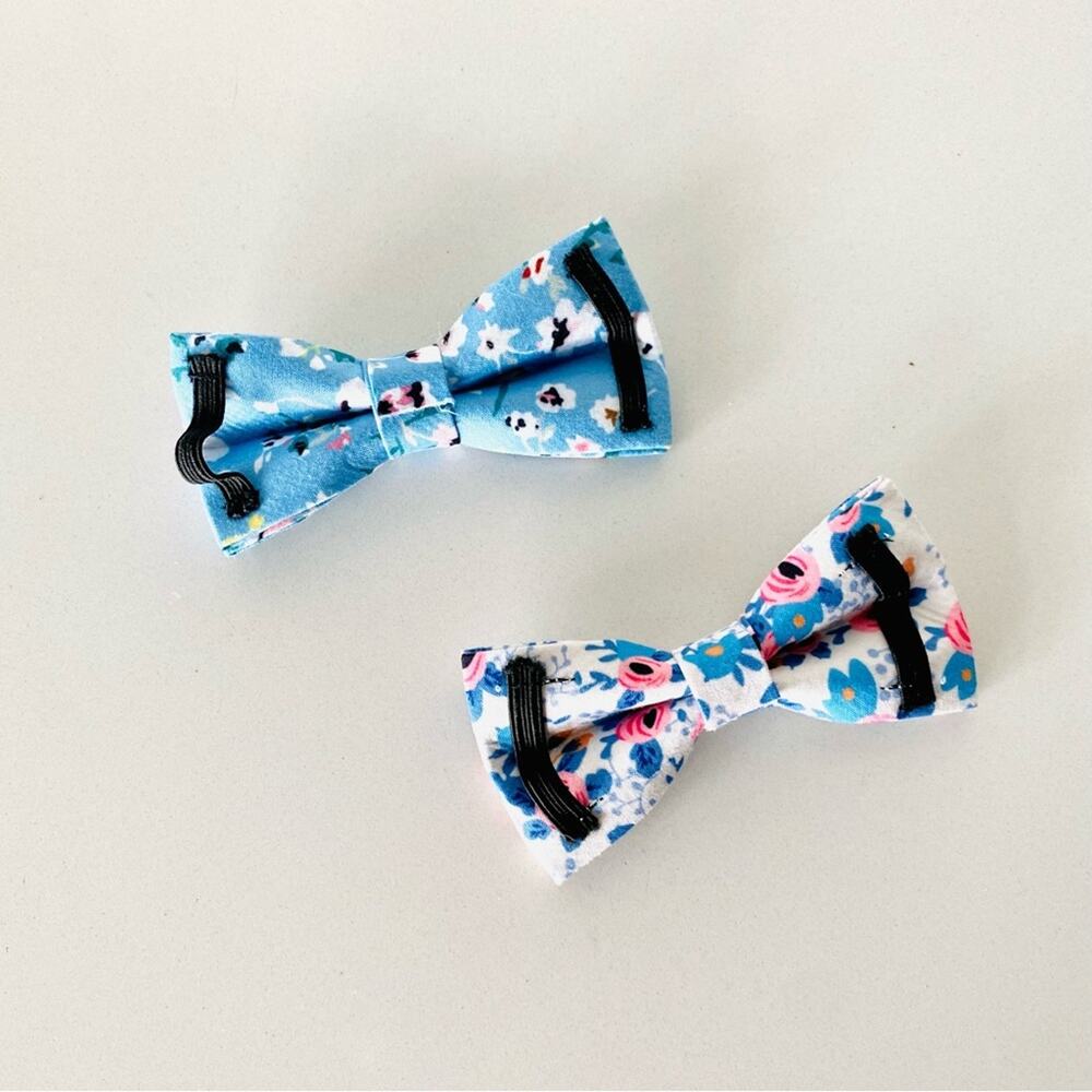 2 NEW HANDMADE Light Blue Pink Blush Floral Dog Cat Pet Collar Elastic Bow Tie - Picture 2 of 5